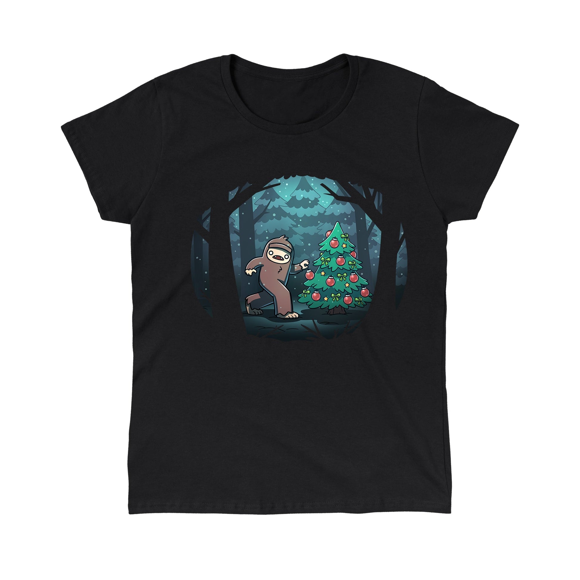 Classic Cotton T-shirt_TeeTurtle black Bigfoot Christmas apparel featuring a sasquatch caught putting holiday decor on a tree in the middle of a snowy forest.