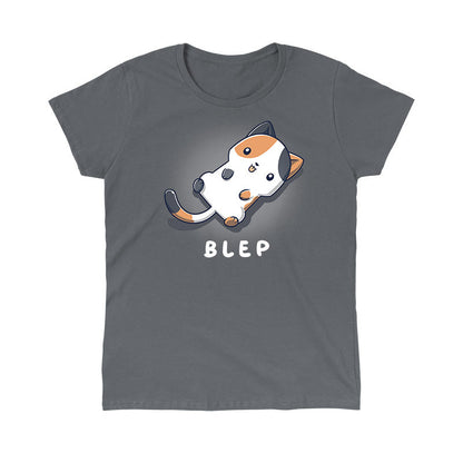 Classic Cotton T-shirt_TeeTurtle Blep Kitty Charcoal Gray t-shirt featuring an illustration of a white and orange cat laying on its back with its tongue sticking out. The word "BLEP" is written below the image.