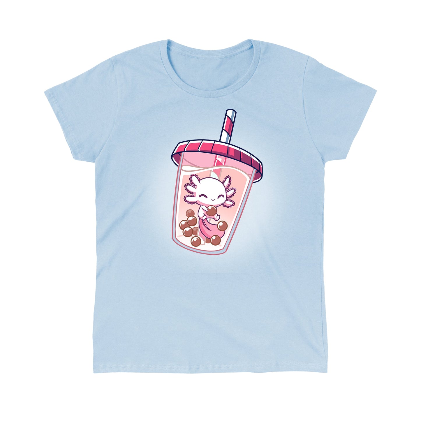 Classic Cotton T-shirt_TeeTurtle Boba Axolotl light blue t-shirt featuring an illustration of a white axolotl with a pink-shaded tail fin looking happy swimming amidst a cluster of brown tapioca pearls inside a boba drink with a pink lid on the cup and pink and white straw in the cup.