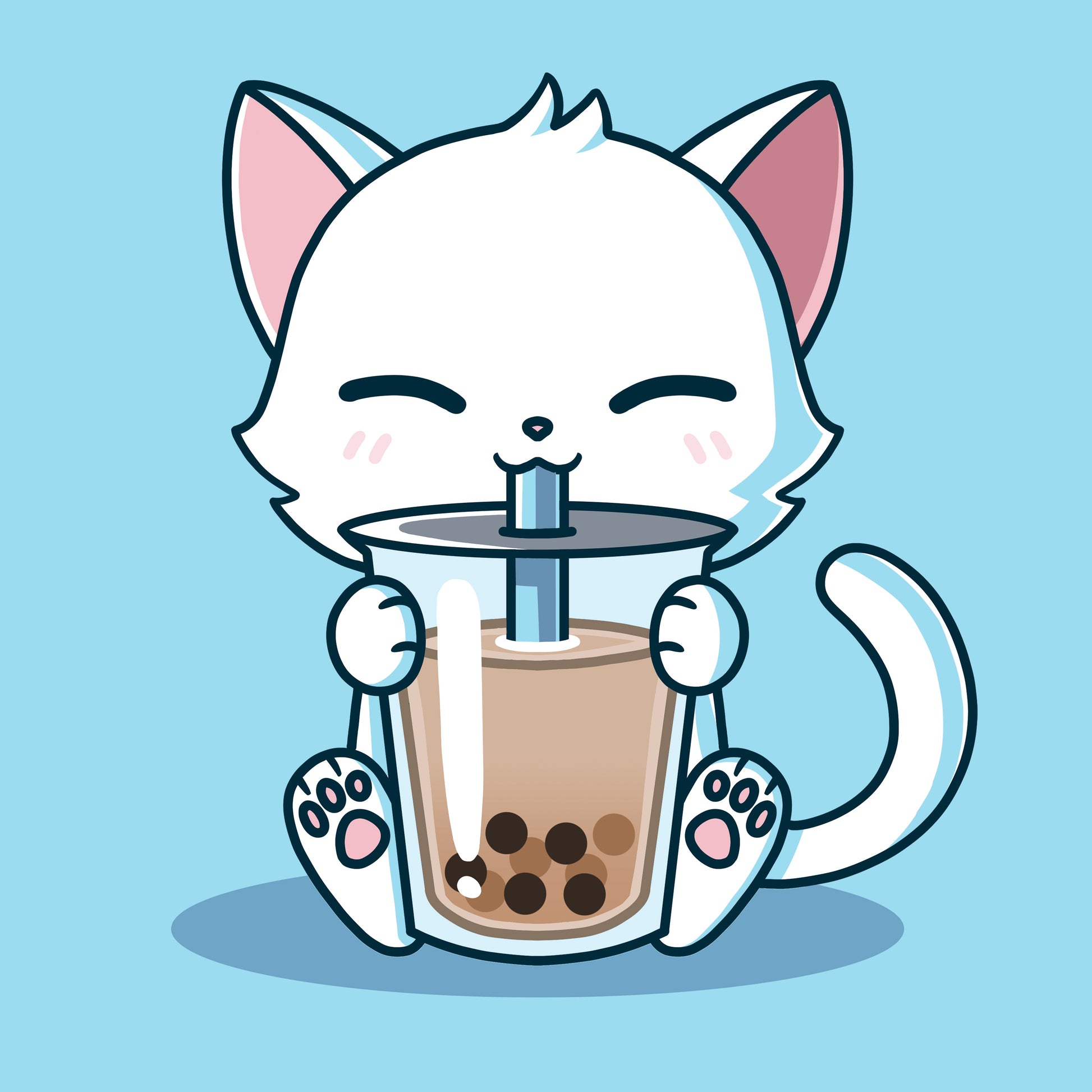 Classic Cotton T-shirt_TeeTurtle Boba Cat light blue t-shirt featuring a white cat contently sipping a brown boba drink. 