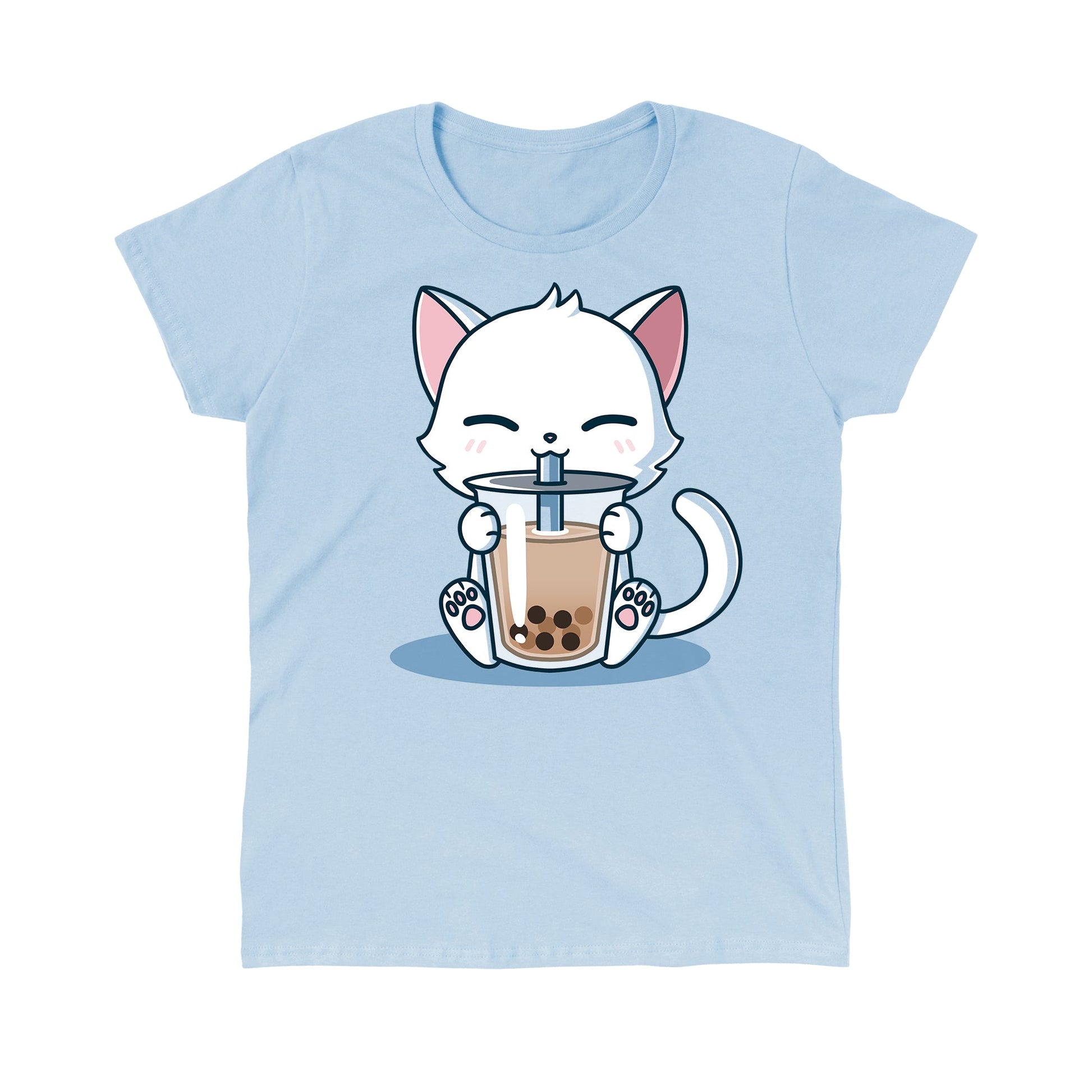 Classic Cotton T-shirt_TeeTurtle Boba Cat light blue t-shirt featuring a white cat contently sipping a brown boba drink. 