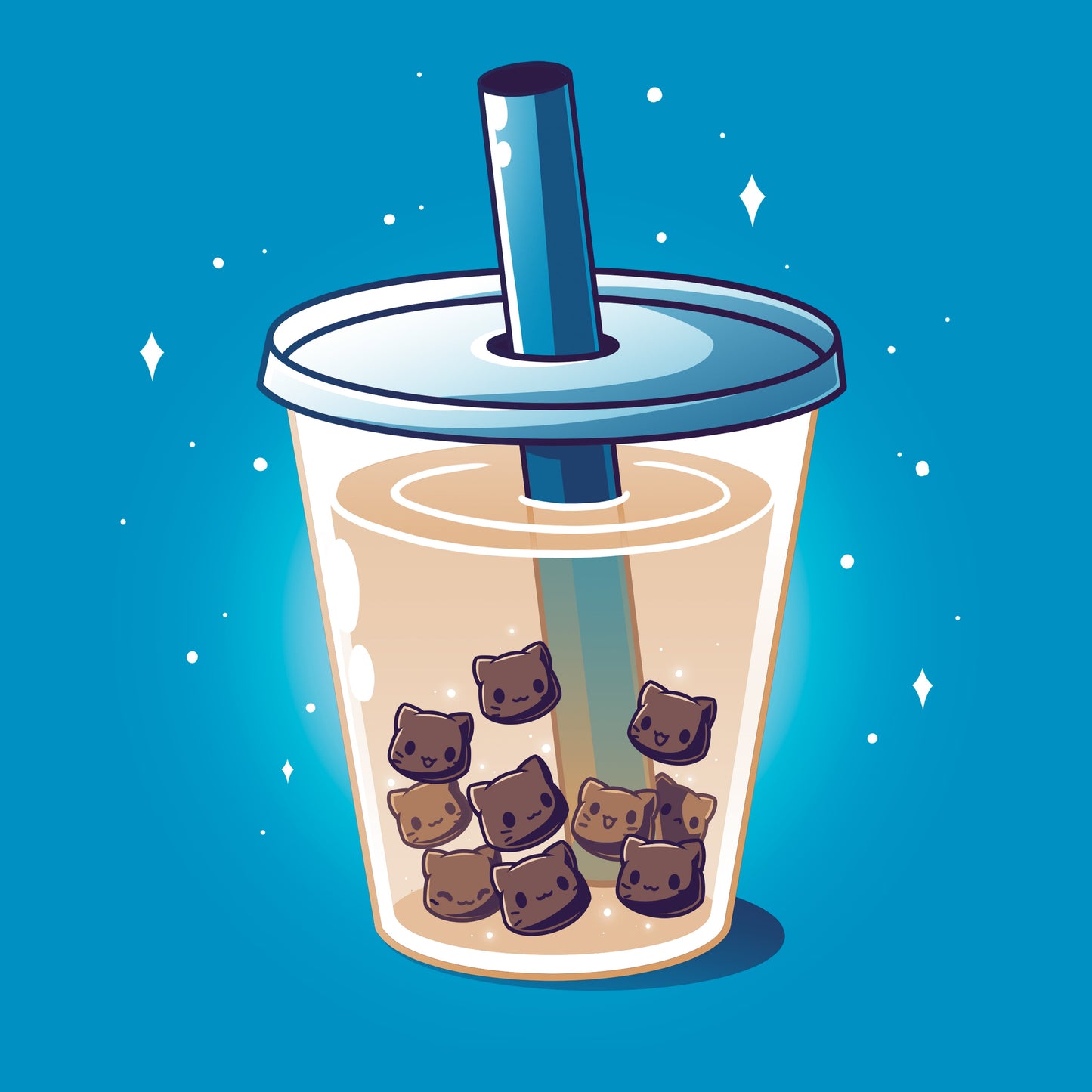 Classic Cotton T-shirt_Teeturtle Boba Kitties sapphire blue t-shirt featuring a cup of Boba Tea but with the Boba Pearls replaced with cute little cartoon kitten heads.