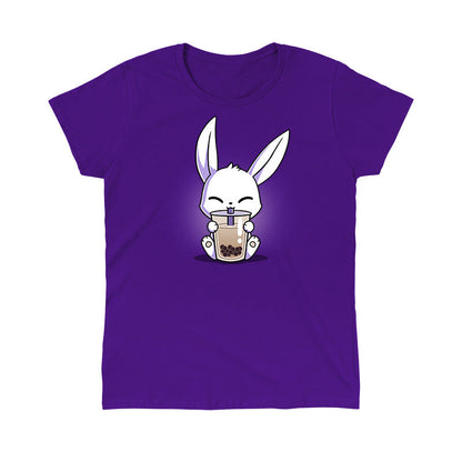 Classic Cotton T-shirt_Teeturtle Boba Bunny purple t-shirt featuring a cute white-furred bunny happily sipping a cup of Boba Tea.
