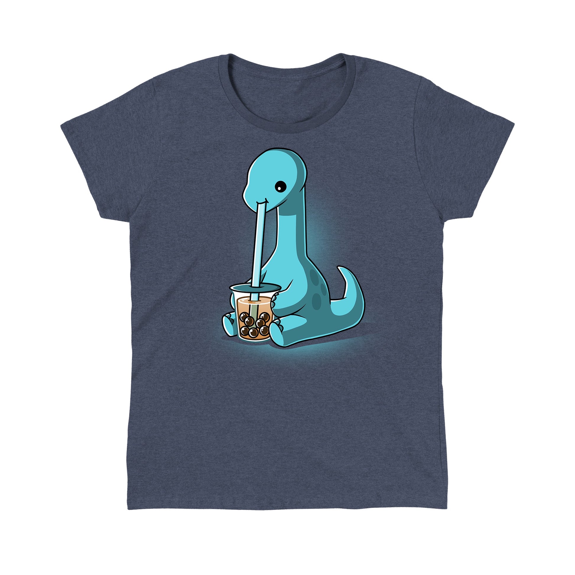 Classic Cotton T-shirt_TeeTurtle Boba Dinosaur Heather Navy t-shirt featuring a cartoon dinosaur sipping bubble tea through a large straw. The dinosaur is blue with a long neck and tail, seated against a dark background. 