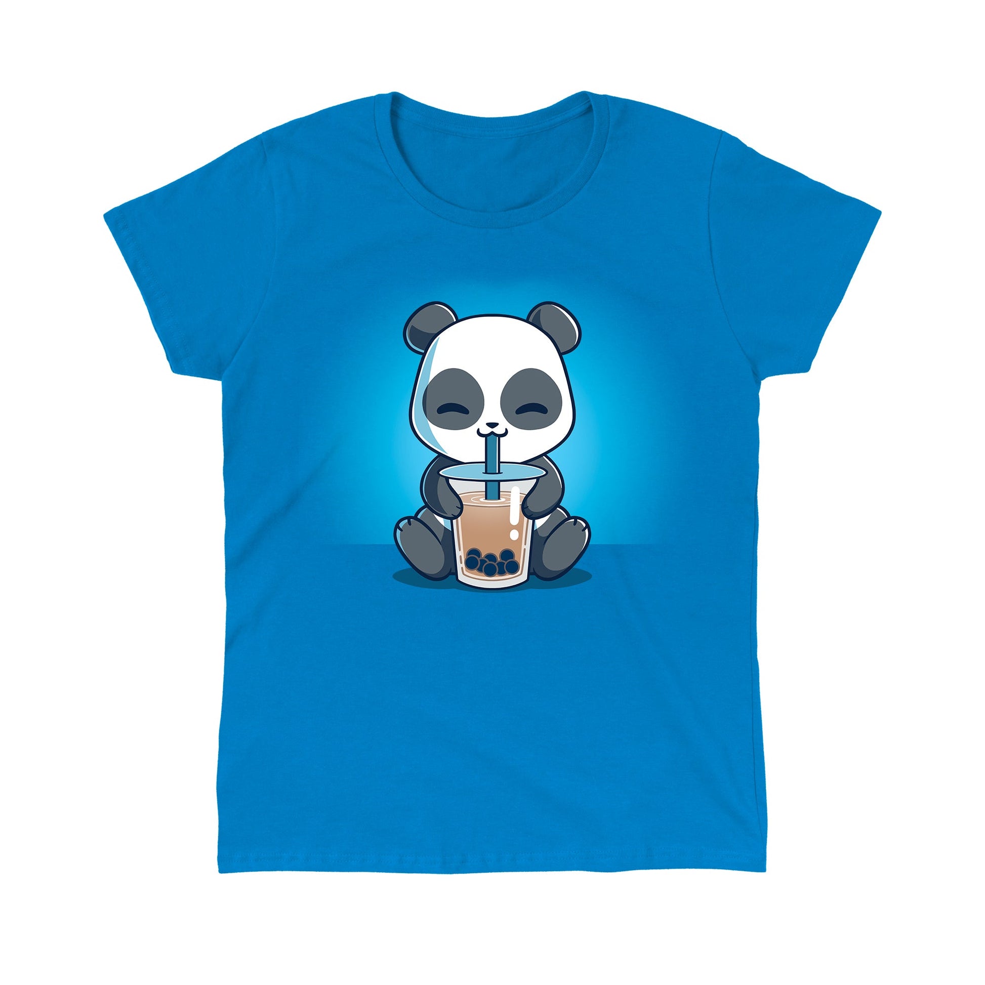 Classic Cotton T-shirt_TeeTurtle Boba Panda sapphire blue t-shirt featuring a panda sitting and happily drinking bubble tea with a straw from a large cup.