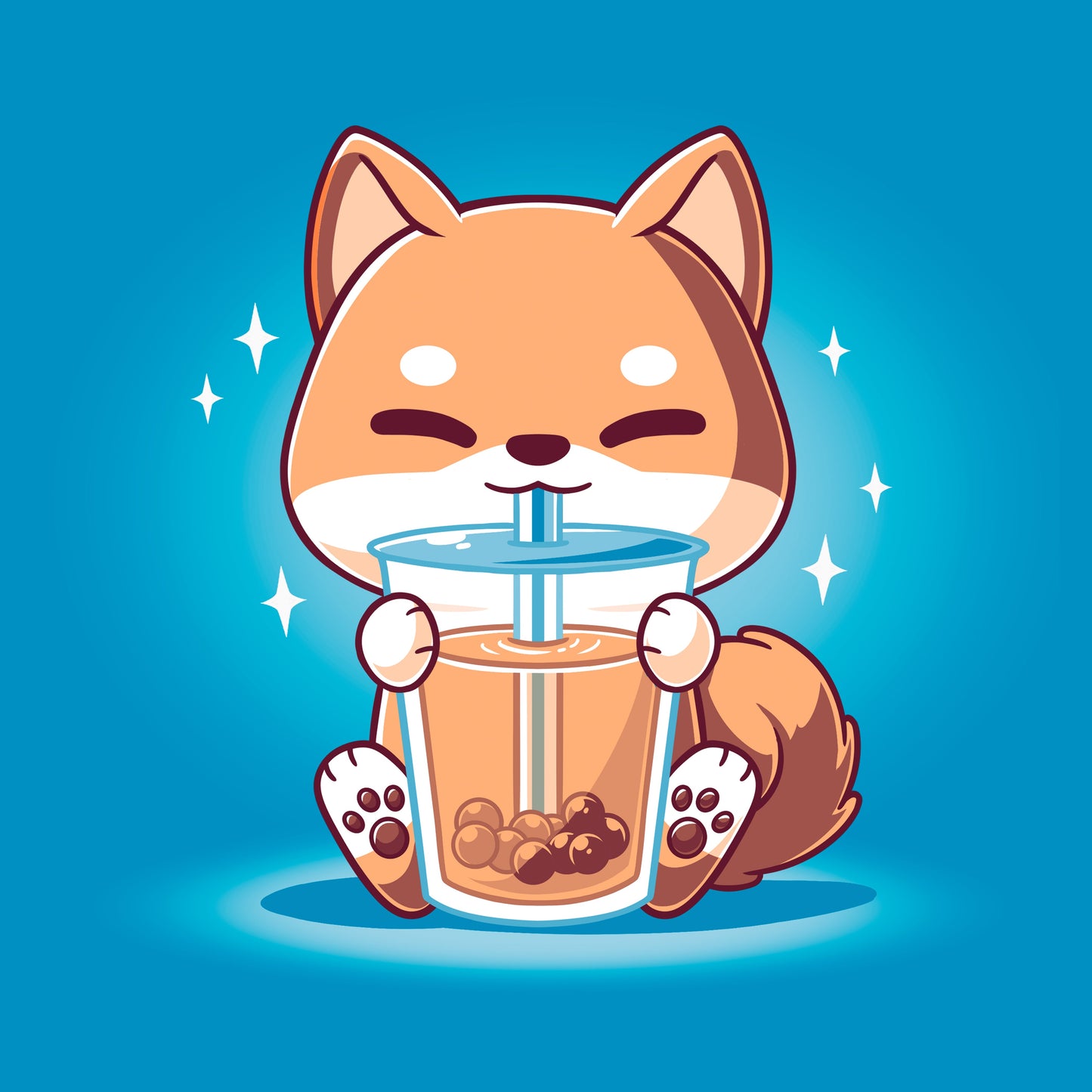 Classic Cotton T-shirt_TeeTurtle Boba Shiba Sapphire Blue t-shirt featuring a cartoon fox happily drinking Boba Shiba from a cup with a straw, set against a blue background with sparkles.