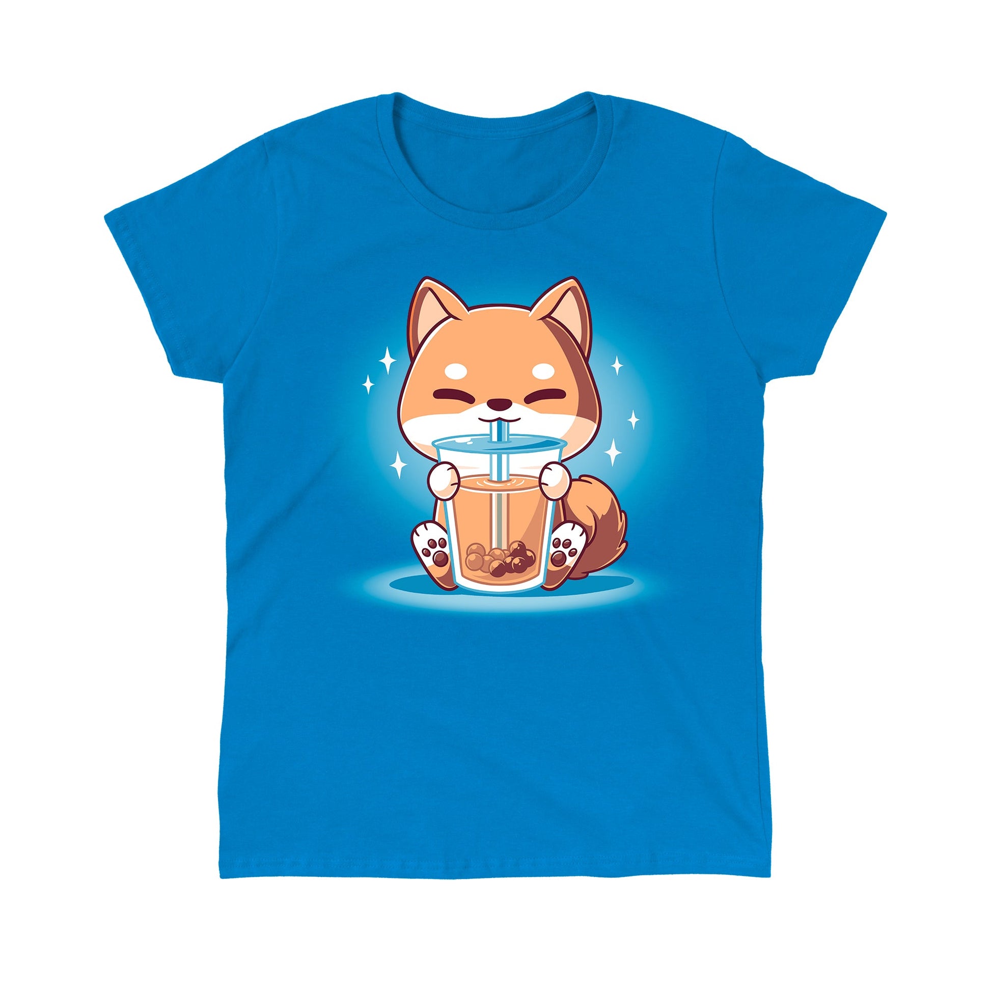 Classic Cotton T-shirt_TeeTurtle Boba Shiba Sapphire Blue t-shirt featuring a cartoon fox happily drinking Boba Shiba from a cup with a straw, set against a blue background with sparkles.