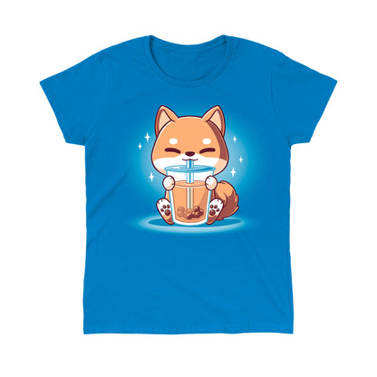 Classic Cotton T-shirt_TeeTurtle Boba Shiba Sapphire Blue t-shirt featuring a cartoon fox happily drinking Boba Shiba from a cup with a straw, set against a blue background with sparkles.