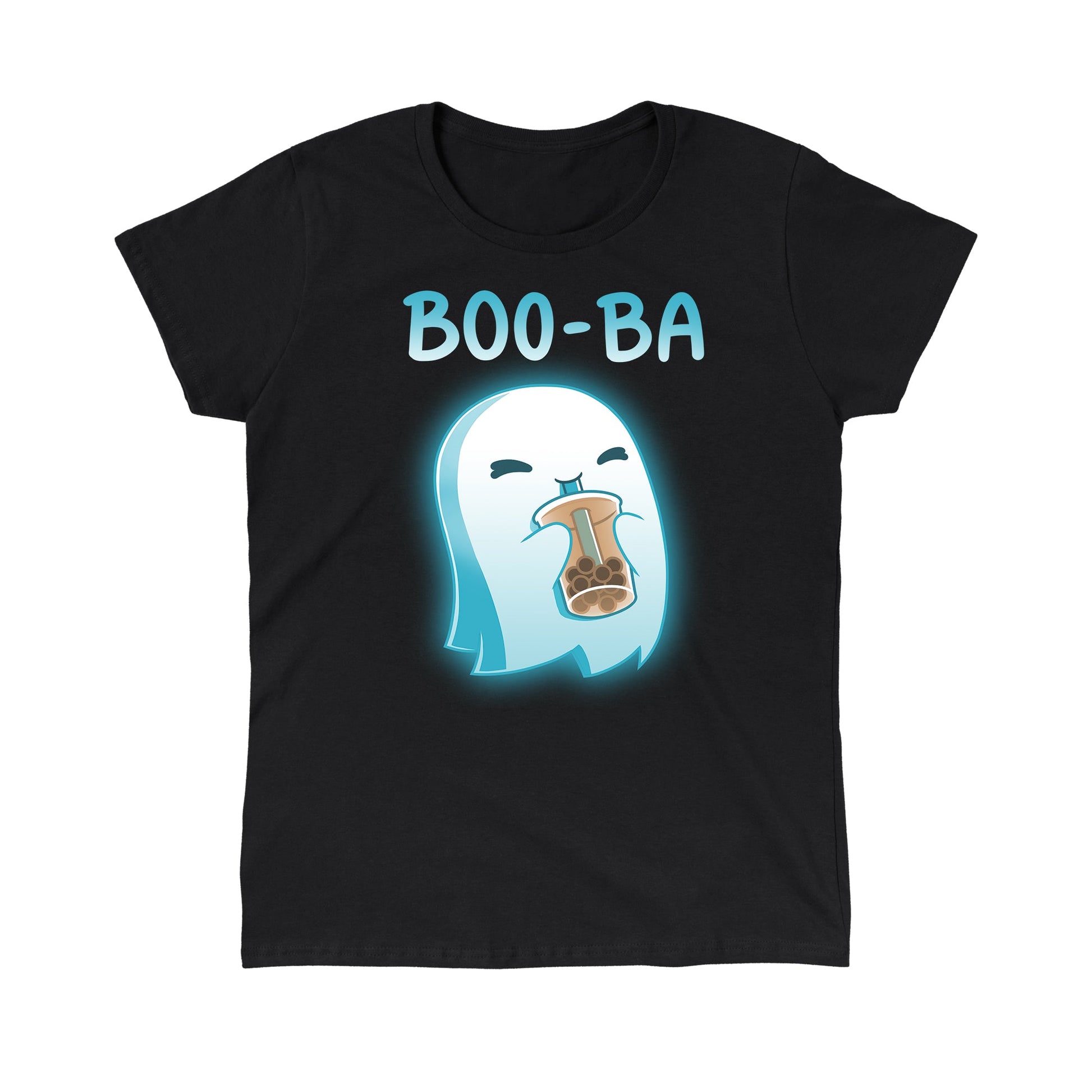 Classic Cotton T-shirt_TeeTurtle Boo-ba black t-shirt featuring a cheerful ghost sipping a boba drink.