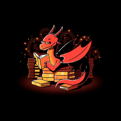 Classic Cotton T-shirt _TeeTurtle Book Hoarder black t-shirt featuring a red dragon with horns and wings, reading a book while sitting among piles of books against a dark background with glowing embers.