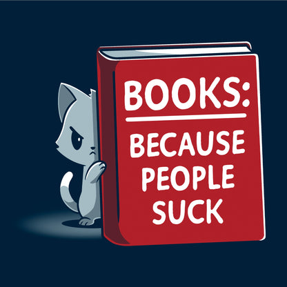 Long Sleeve T-shirt_TeeTurtle Books Because People Suck navy blue t-shirt featuring a cat peeking out from behind a large red book. The book's cover reads "Books: Because People Suck."