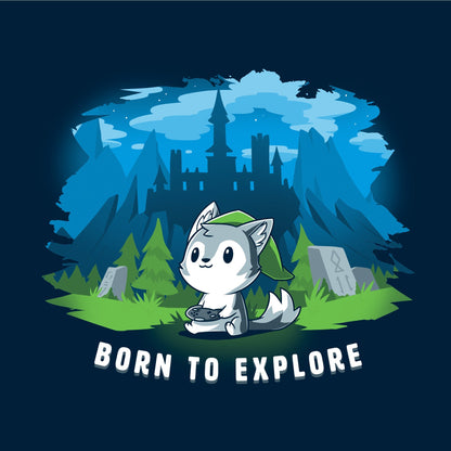 Classic Cotton T-shirt_TeeTurtle navy blue Born to Explore. Featuring a wolf in a video game cosplay outfit playing a video game with a fantasy background.