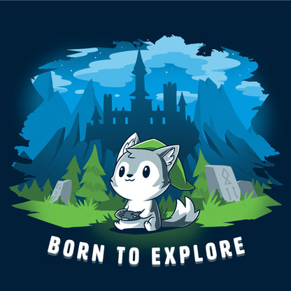 Crew Neck Sweatshirt_TeeTurtle navy blue Born to Explore. Featuring a wolf in a video game cosplay outfit playing a video game with a fantasy background.