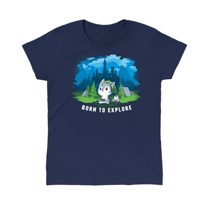 Classic Cotton T-shirt_TeeTurtle navy blue Born to Explore. Featuring a wolf in a video game cosplay outfit playing a video game with a fantasy background.