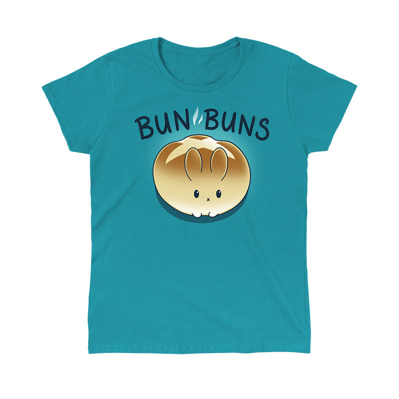 Classic Cotton T-shirt_TeeTurtle Bun Buns tropical blue t-shirt featuring a round, golden-brown bread bun with a cute bunny face and ears, set against a teal background with the text "BUN BUNS" above it.