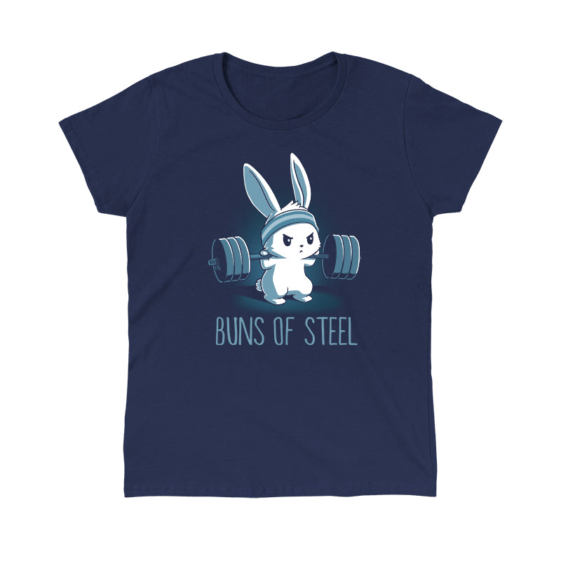 Classic Cotton T-shirt_Illustration of a determined cartoon bunny wearing a headband and lifting a heavy barbell, with the caption "Buns of Steel" below. Printed on a super soft ringspun cotton navy blue apparel, the Buns of Steel by monsterdigital.