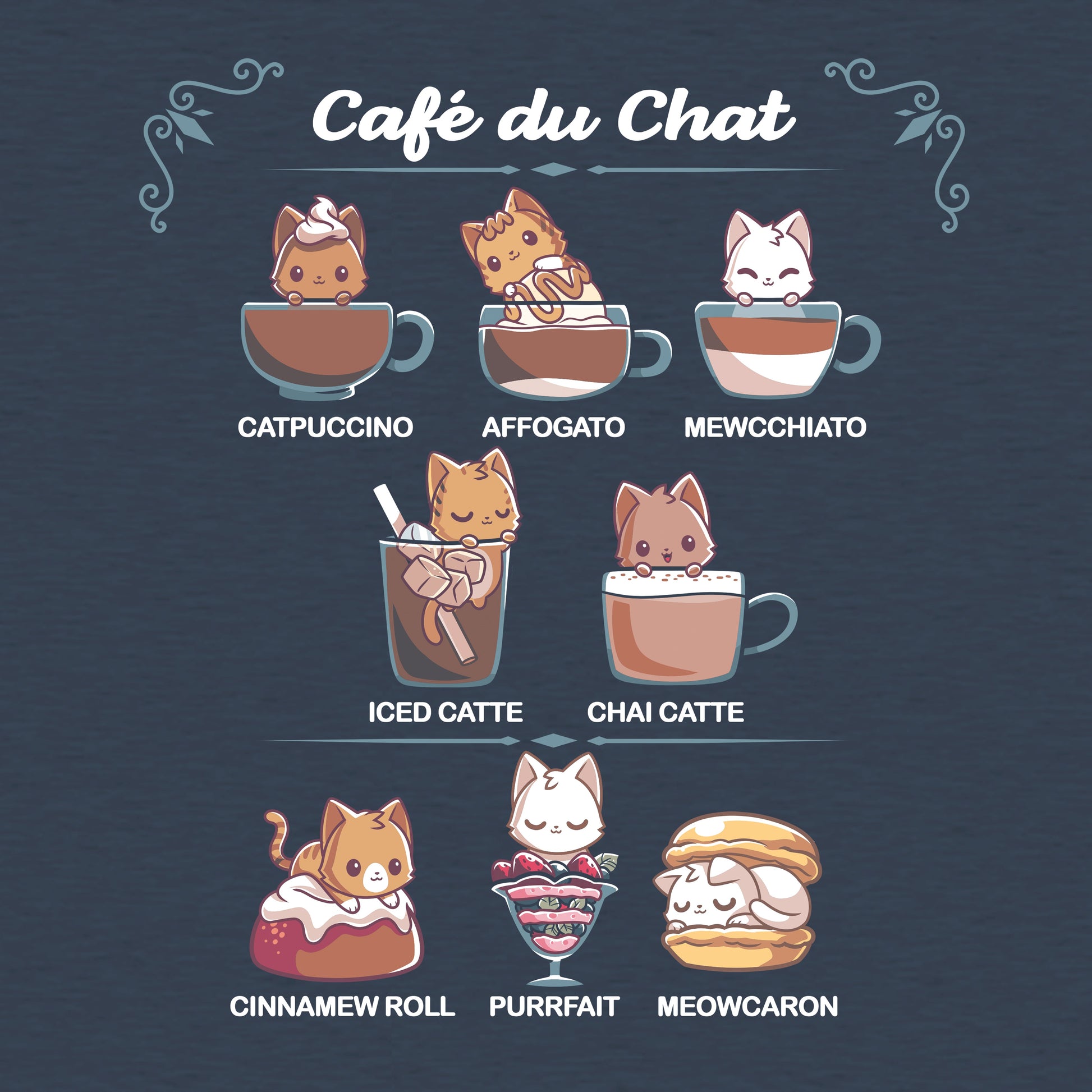 Classic Cotton T-shirt_TeeTurtle Cafè Du Chat heather navy t-shirt featuring a menu titled "Café du Chat" featuring cats in different beverages and desserts: Catpuccino, Affogato, Mewcchiato, Iced Catte, Chai Catte, Cinnamew Roll, Purrfait, and Meowcaron.