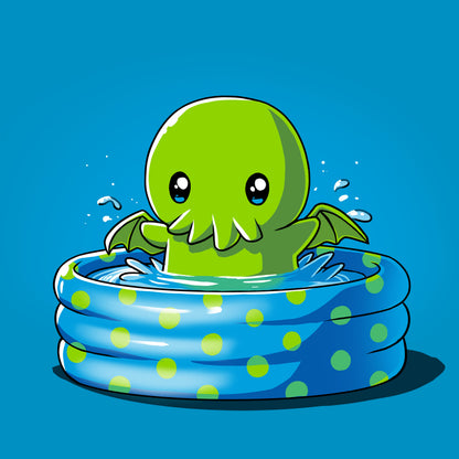 Classic Cotton T-shirt_TeeTurtle royal blue Call of the Kiddie Pool. Featuring a chibi Cthulhu in a blue kidde pool with green polka dots.