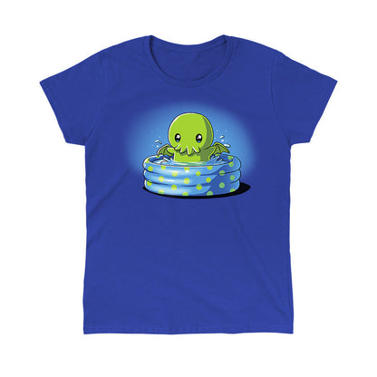 Classic Cotton T-shirt_TeeTurtle royal blue Call of the Kiddie Pool. Featuring a chibi Cthulhu in a blue kidde pool with green polka dots.