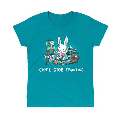 Classic Cotton T-shirt_TeeTurtle Can't. Stop. Crafting. tropical blue t-shirt featuring an illustration of a white rabbit with large, expressive eyes, and sweat droplets coming from its head sewing a small pink bunny surrounded by crafting materials like balls of yarn in a woven basket, paint pallets and brushes,  origami birds and other shapes, sewing thread, small stuffed animals, books stacked high, craft knives, and other crafting supplies, with the text "CAN'T. STOP. CRAFTING." at the bottom.