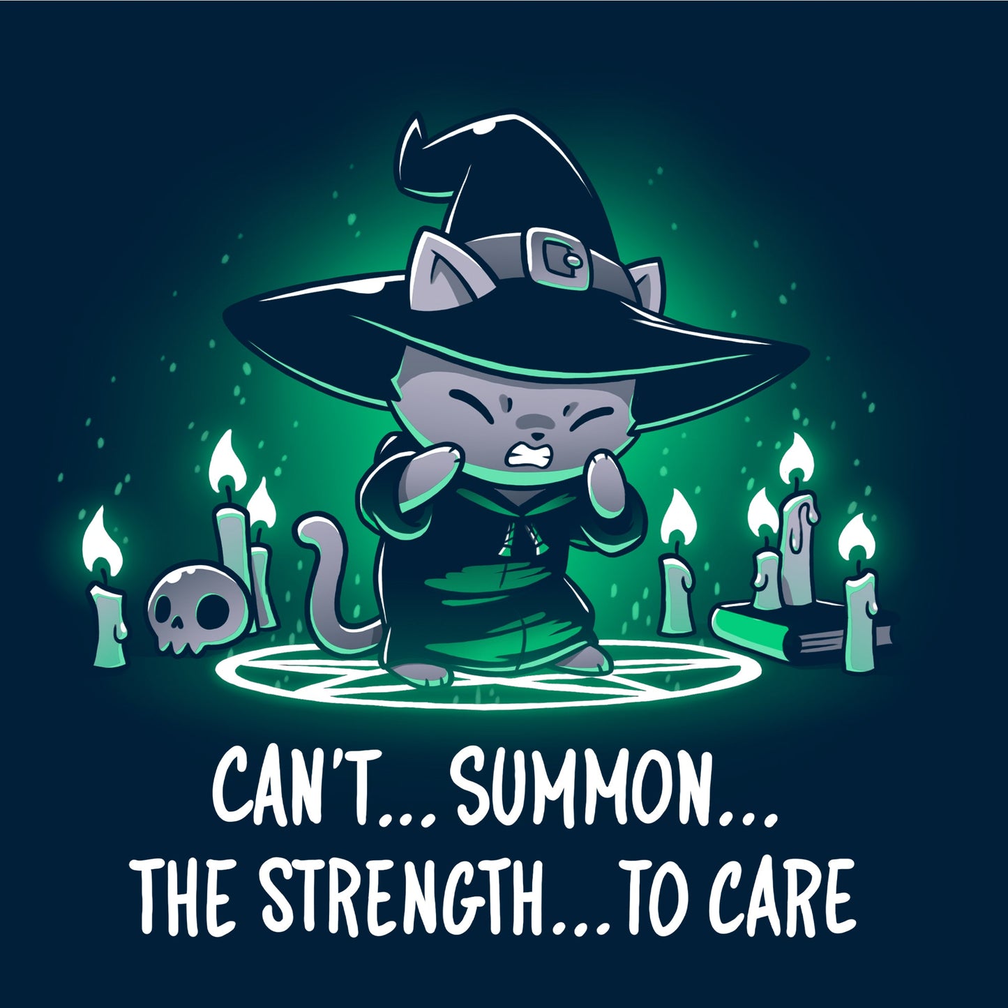 Classic Cotton T-shirt_TeeTurtle Can't Summon The Strength To Care Navy Blue t-shirt featuring a grey cat in a black witch's hat and black robe struggling to cast a spell. It's standing in a summoning circle with candles, a scull, and a book around it. It is surrounded by a green glow. Text underneath it says "Can't... summon... the strength... to care"