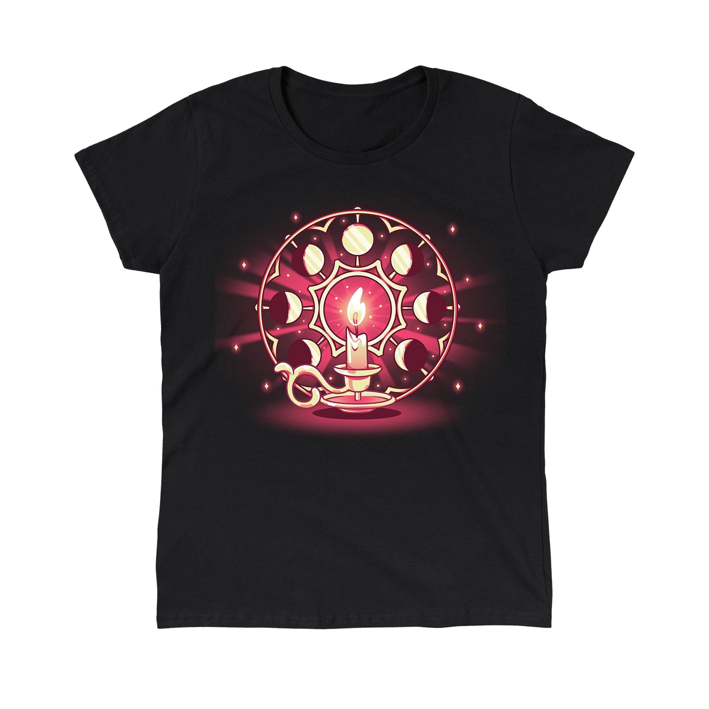 Classic Cotton T-shirt_TeeTurtle Candlelit Orbit black t-shirt featuring a lit candle on a holder in front of a circular arrangement depicting the lunar cycle, with glowing stars in the background. 