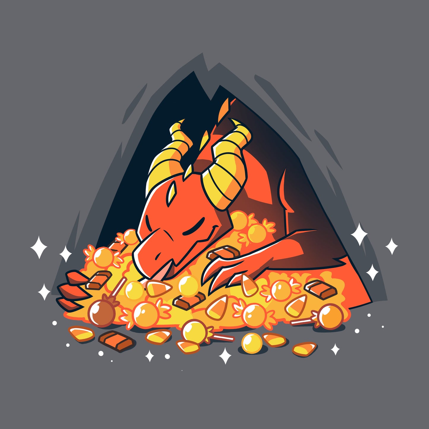 Classic Cotton T-shirt_TeeTurtle Candy Hoarder charcoal gray t-shirt featuring a dragon sleeping on its hoard of Halloween candy