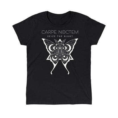 Classic Cotton T-shirt_TeeTurtle Carpe Noctem black t-shirt featuring an illustration of a detailed moth with celestial patterns.