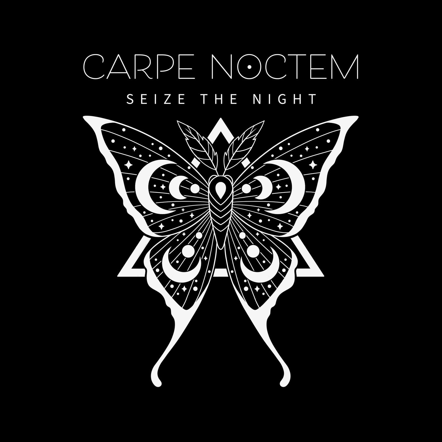 Classic Cotton T-shirt_TeeTurtle Carpe Noctem black t-shirt featuring an illustration of a detailed moth with celestial patterns.