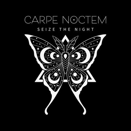 Classic Cotton T-shirt_TeeTurtle Carpe Noctem black t-shirt featuring an illustration of a detailed moth with celestial patterns.