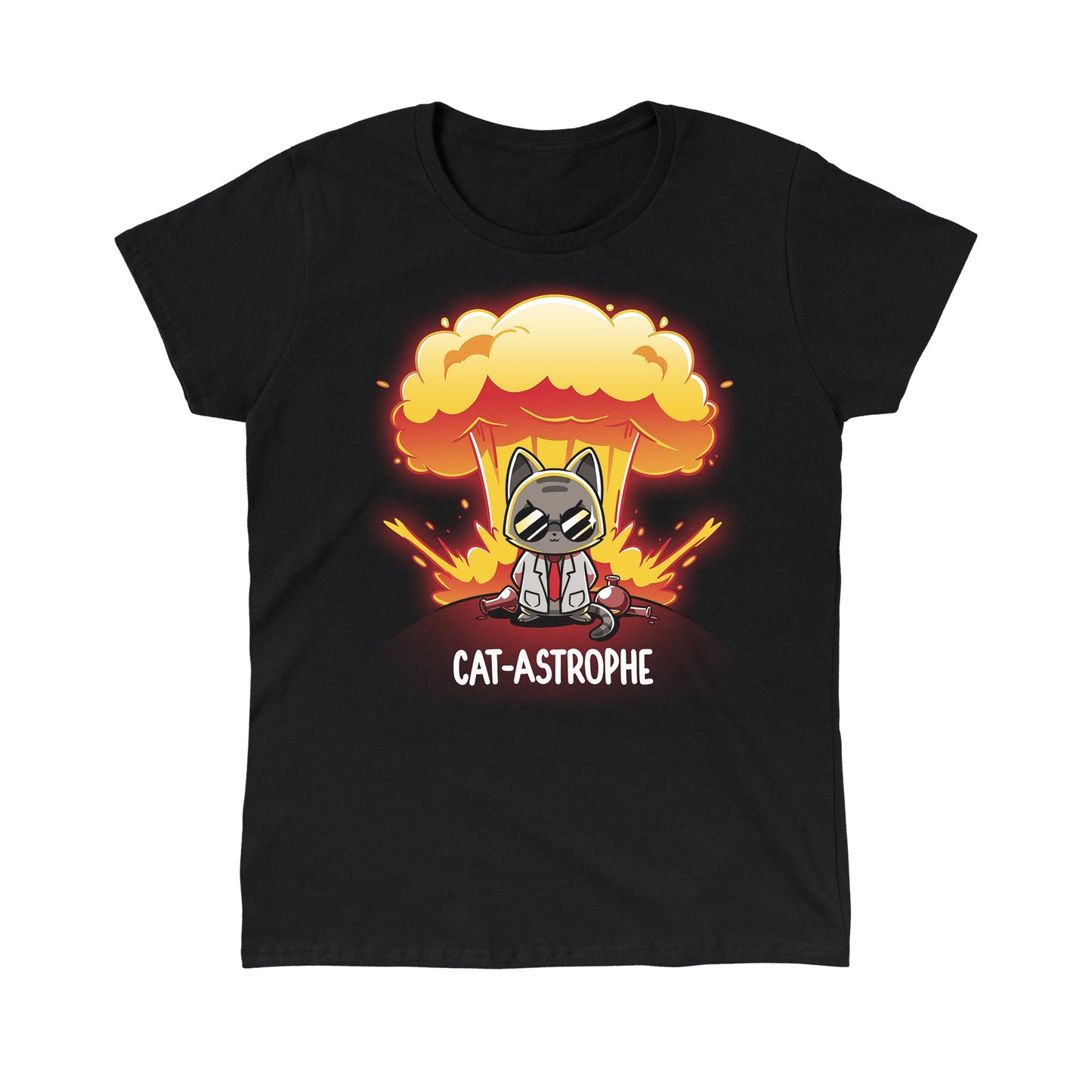 Classic Cotton T-shirt_Teeturtle Cat-Astrophe black t-shirt featuring a sunglasses-wearing cat in a lab coat surrounded by broken vials and lab beakers with a mushroom cloud explosion behind and the word "Cat-Astrophe" written underneath.