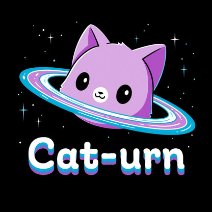 Classic Cotton T-shirt_TeeTurtle Cat-urn black t-shirt featuring a cute cat head floating in space surrounded by stars and rings like Saturn and the word 'Cat-urn' written below it.