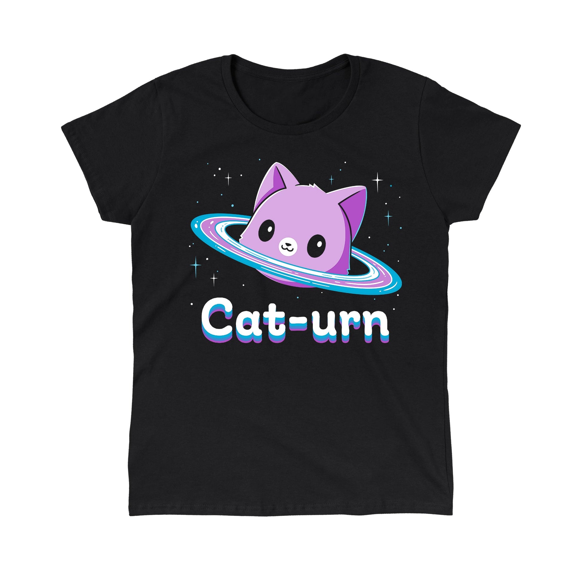 Classic Cotton T-shirt_TeeTurtle Cat-urn black t-shirt featuring a cute cat head floating in space surrounded by stars and rings like Saturn and the word 'Cat-urn' written below it.