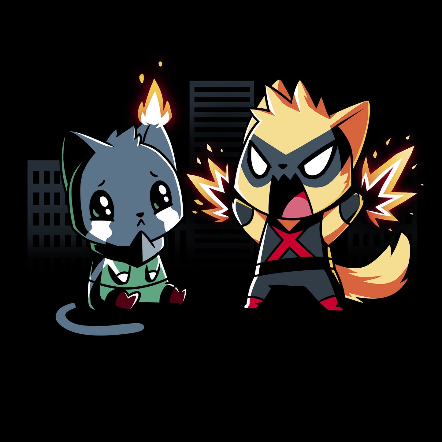 Classic Cotton T-shirt_TeeTurtle black Cat Fight featuring two cats in superhero costumes with one cat crying since its ear on fire, and the other cat powering up with a city in the background.