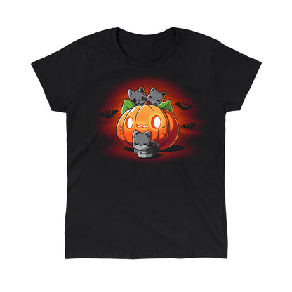 Classic Cotton T-shirt_TeeTurtle black Cat O'Lantern. Featuring a giant pumpkin jack-o-lantern with a cat face surrounded by cats.