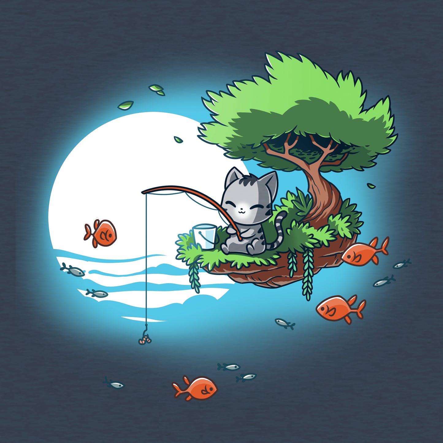 Classic Cotton T-shirt_TeeTurtle Cat Fishing heather navy blue t-shirt featuring a cat sitting tree branch over water, fishing with a rod. 