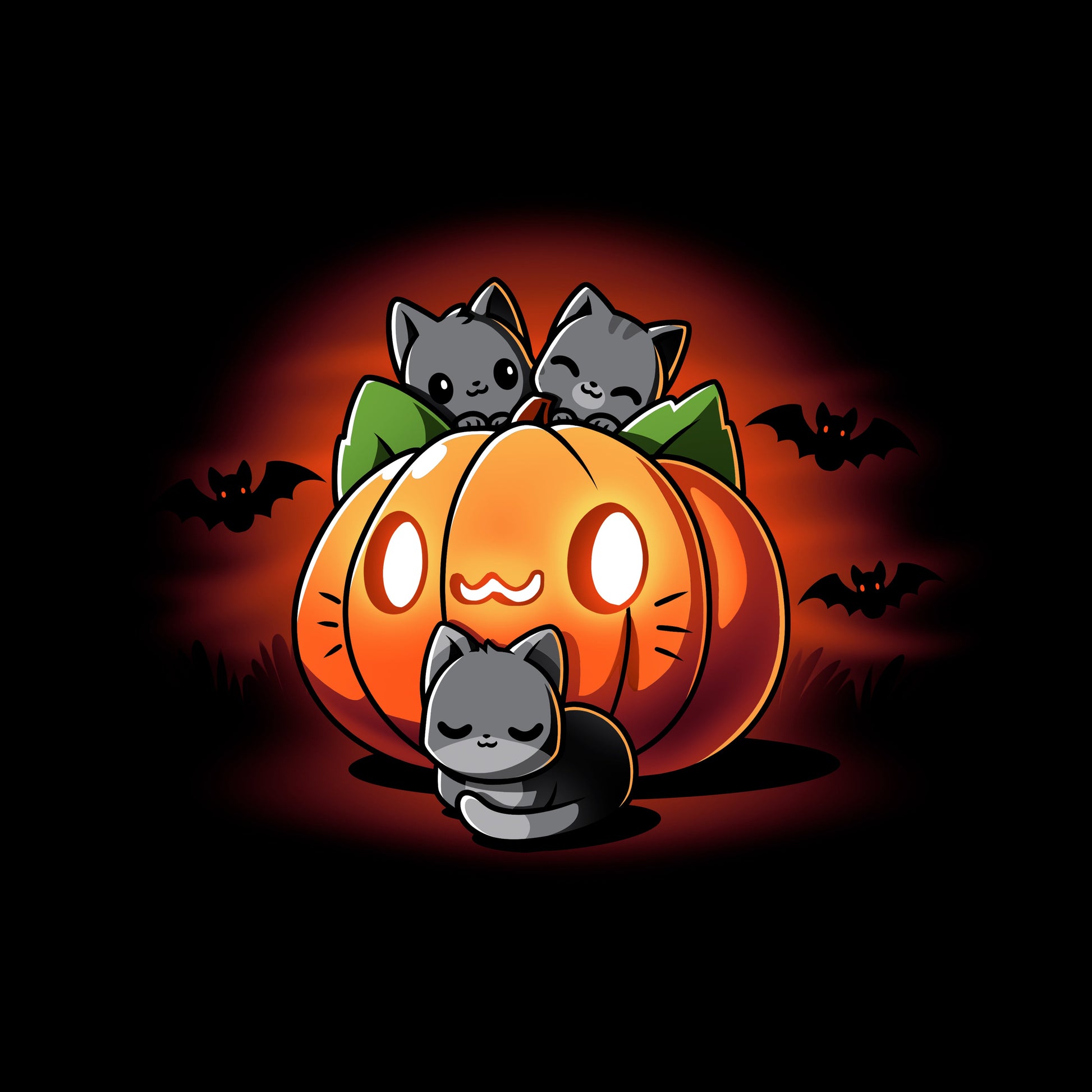 Classic Cotton T-shirt_TeeTurtle black Cat O'Lantern. Featuring a giant pumpkin jack-o-lantern with a cat face surrounded by cats.