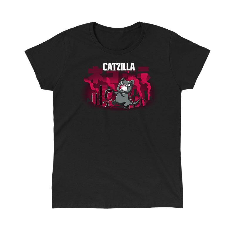 Classic Cotton T-shirt_TeeTurtle Catzilla black t-shirt featuring an illustration of an angry gray cat terrorizing a city knocking down red, blocky buildings with reddish-pink smoke filling the air and "Catzilla" written above the graphic. The text beneath the word CATZILLA resembles Japanese characters or simplified Chinese characters.