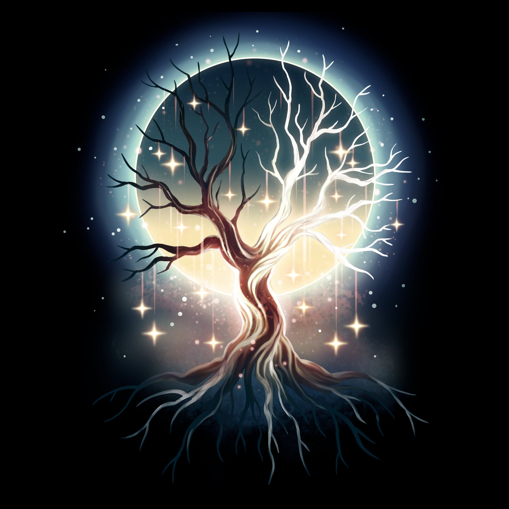 Long Sleeve T-shirt_TeeTurtle black Celestial Tree t-shirt featuring a floating tree with roots exposed with stars hanging from its branches and a full moon that can be seen in the background through the tree’s branches.