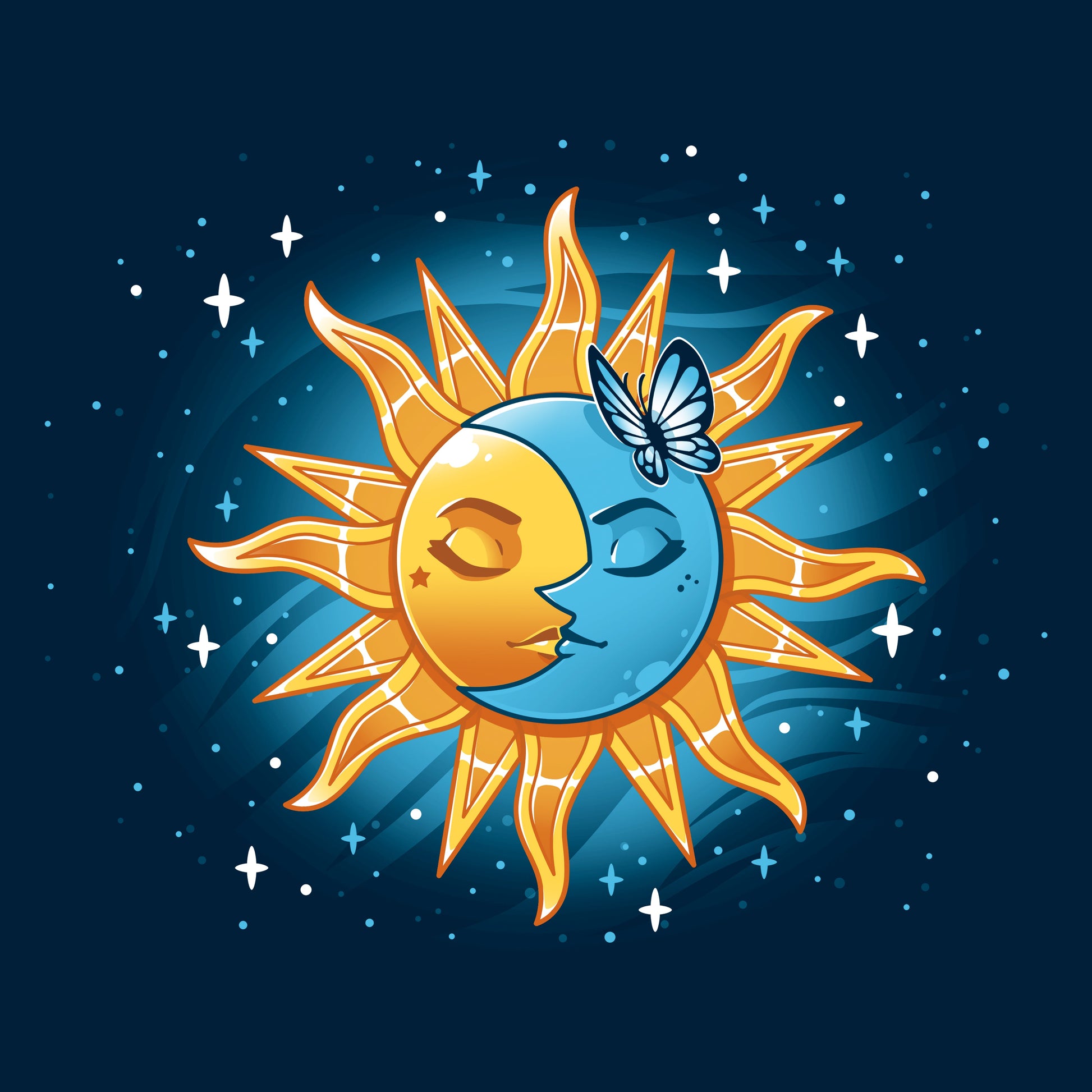 Classic Cotton T-shirt_TeeTurtle Celestial Duo navy blue t-shirt featuring a sun and moon surrounded by stars. 