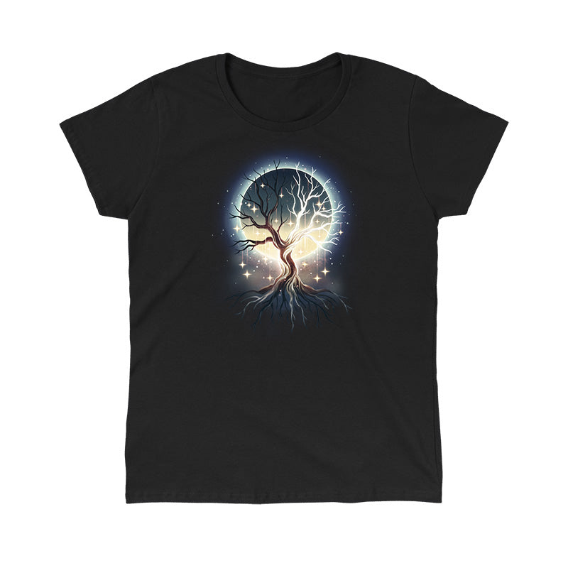 Classic Cotton T-shirt_TeeTurtle black Celestial Tree t-shirt featuring a floating tree with roots exposed with stars hanging from its branches and a full moon that can be seen in the background through the tree’s branches.