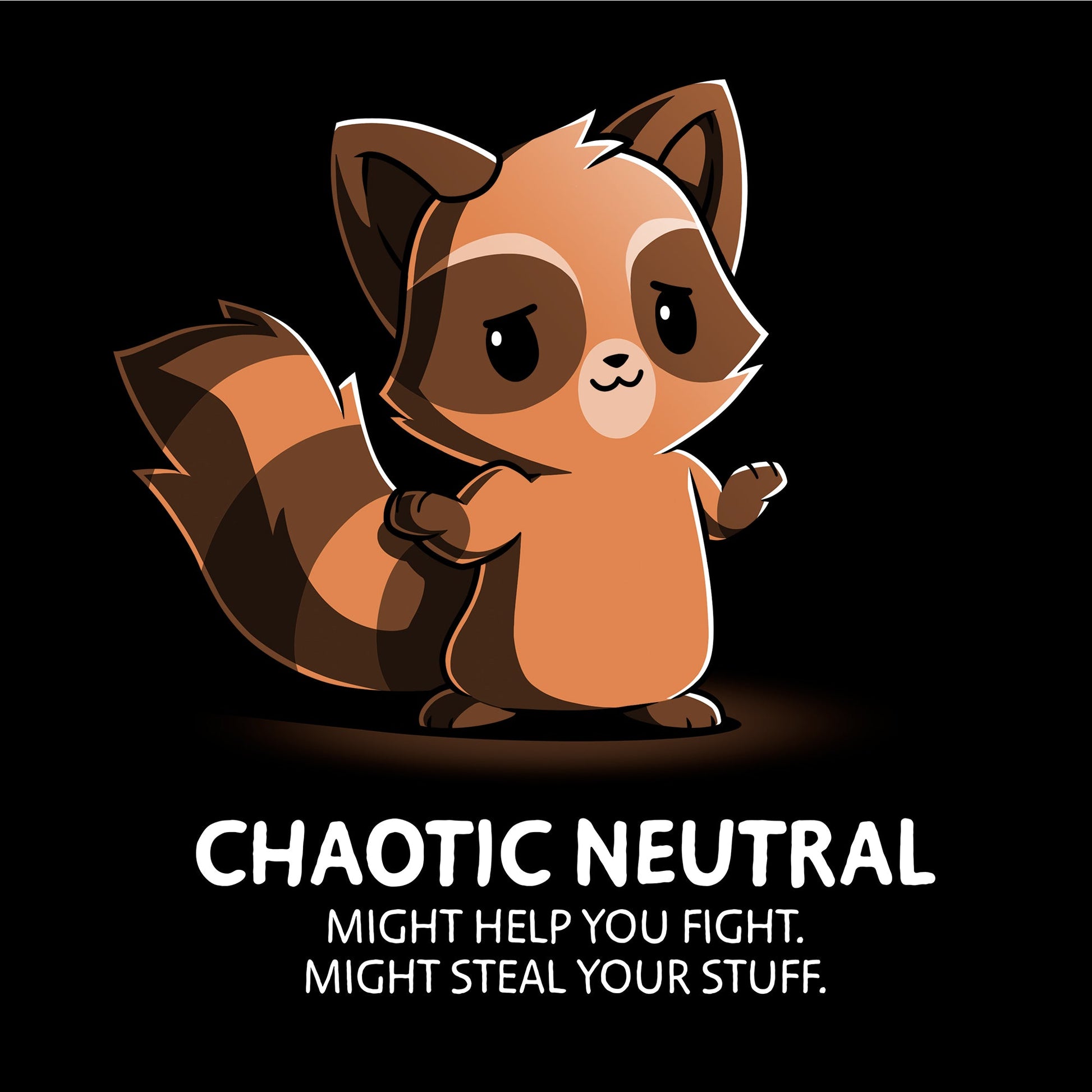 Crew Neck Sweatshirt_TeeTurtle chaotic-neutral black t-shirt featuring an illustration of a raccoon with a caption "Chaotic Neutral. Might help you fight. Might steal your stuff." The raccoon has a smug expression and stands against a dark background Chaotic Neutral