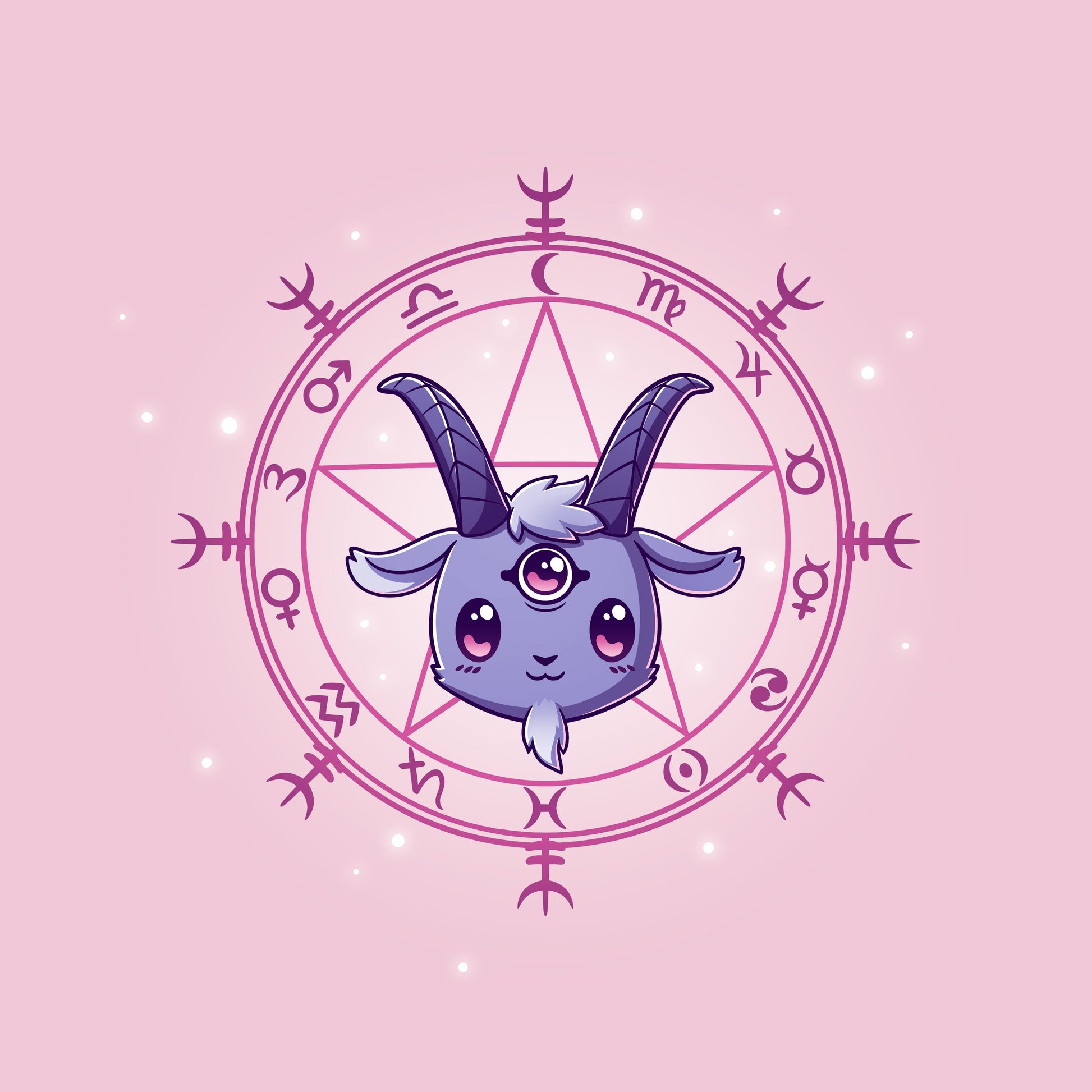 Classic Cotton T-shirt_TeeTurtle Chibi Baphoment light pink t-shirt featuring a goat-like creature with three eyes in front of a mystical symbol.