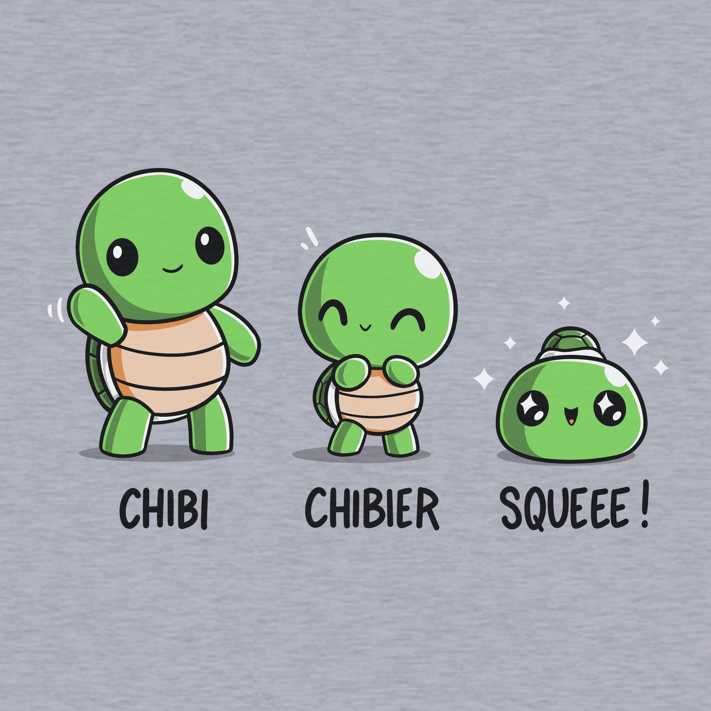 Classic Cotton T-shirt_TeeTurtle Chibi, Chibier, Squeee! heather gray t-shirt featuring three turtles standing side by side showing varying levels of cuteness.