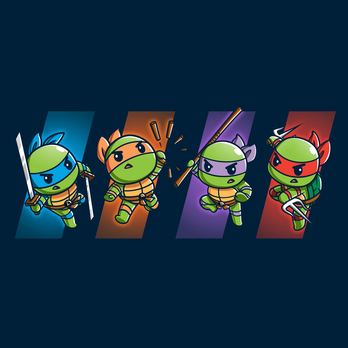 Classic Cotton T-shirt_TeeTurtle navy blue Choose Your Character: Teenage Mutant Ninja Turtles apparel featuring  Raphael, Leonardo, Michaelangelo, and Donatello in dynamic poses on colored backgrounds corresponding to their personal colors.