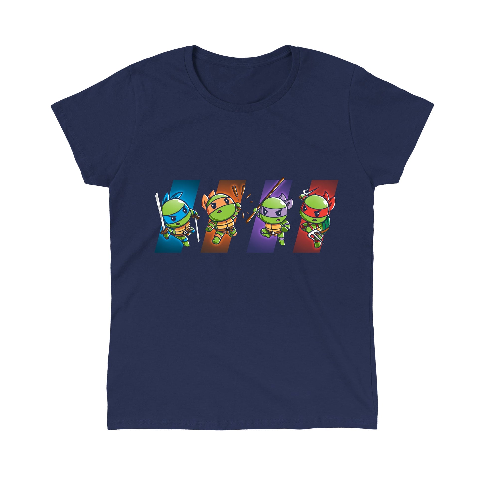 Classic Cotton T-shirt_TeeTurtle navy blue Choose Your Character: Teenage Mutant Ninja Turtles apparel featuring  Raphael, Leonardo, Michaelangelo, and Donatello in dynamic poses on colored backgrounds corresponding to their personal colors.