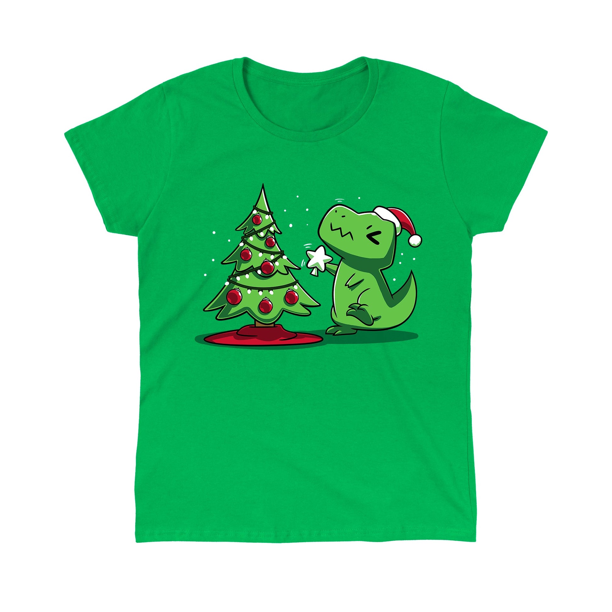 Classic Cotton T-shirt_TeeTurtle Christmas T-Rex Irish green t-shirt featuring a cartoon dinosaur wearing a Santa hat placing a star atop a Christmas tree adorned with red baubles and lights. 