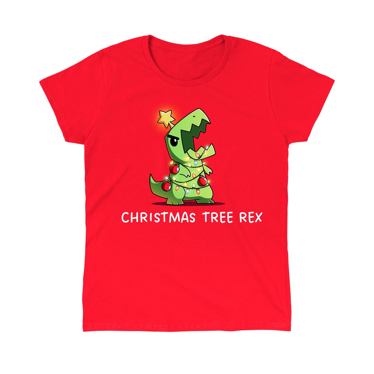 Classic Cotton T-shirt_TeeTurtle red Christmas Tree Rex apparel featuring a roaring t-rex tangled in holiday lights.