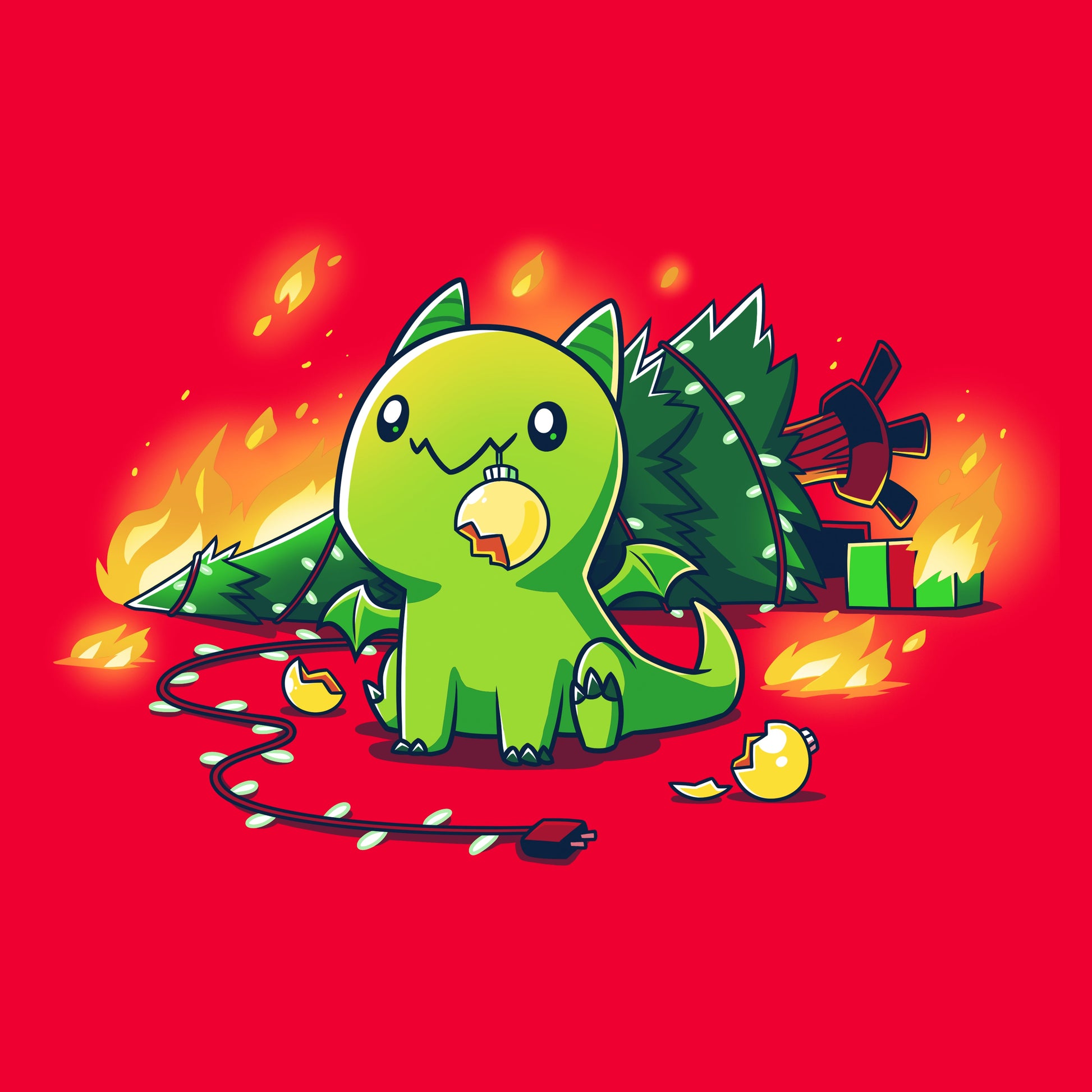 Classic Cotton T-shirt_TeeTurtle Christmas Dragon red t-shirt featuring a cute green dragon with a broken ornament hanging from its mouth and a Christmas tree on fire behind it.