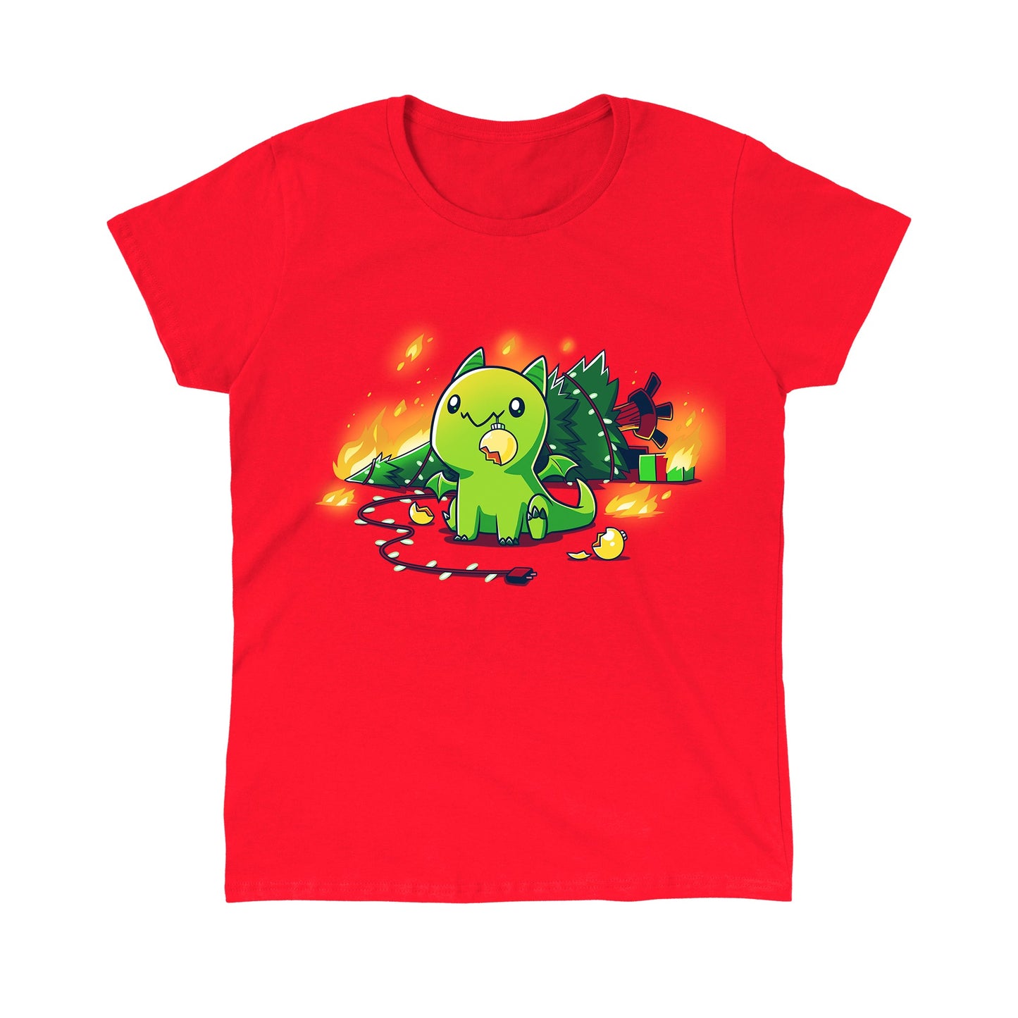 Classic Cotton T-shirt_TeeTurtle Christmas Dragon red t-shirt featuring a cute green dragon with a broken ornament hanging from its mouth and a Christmas tree on fire behind it.